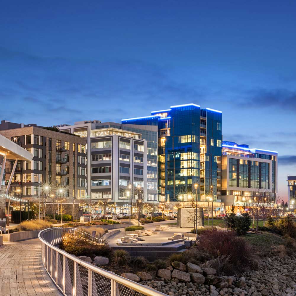 Exterior of Hotel Indigo Vancouver at night